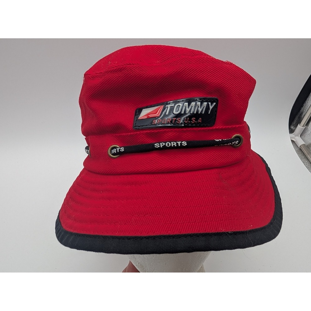 VTG Tommy Sports USA Red Bucket Hat Y2K ADJ Drawstring Twill Sun Hat USA Made